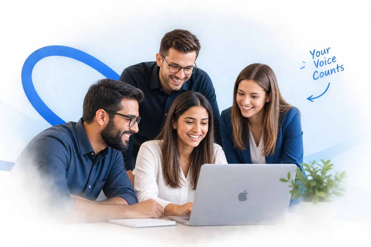 Easycomm team collaborating around a laptop